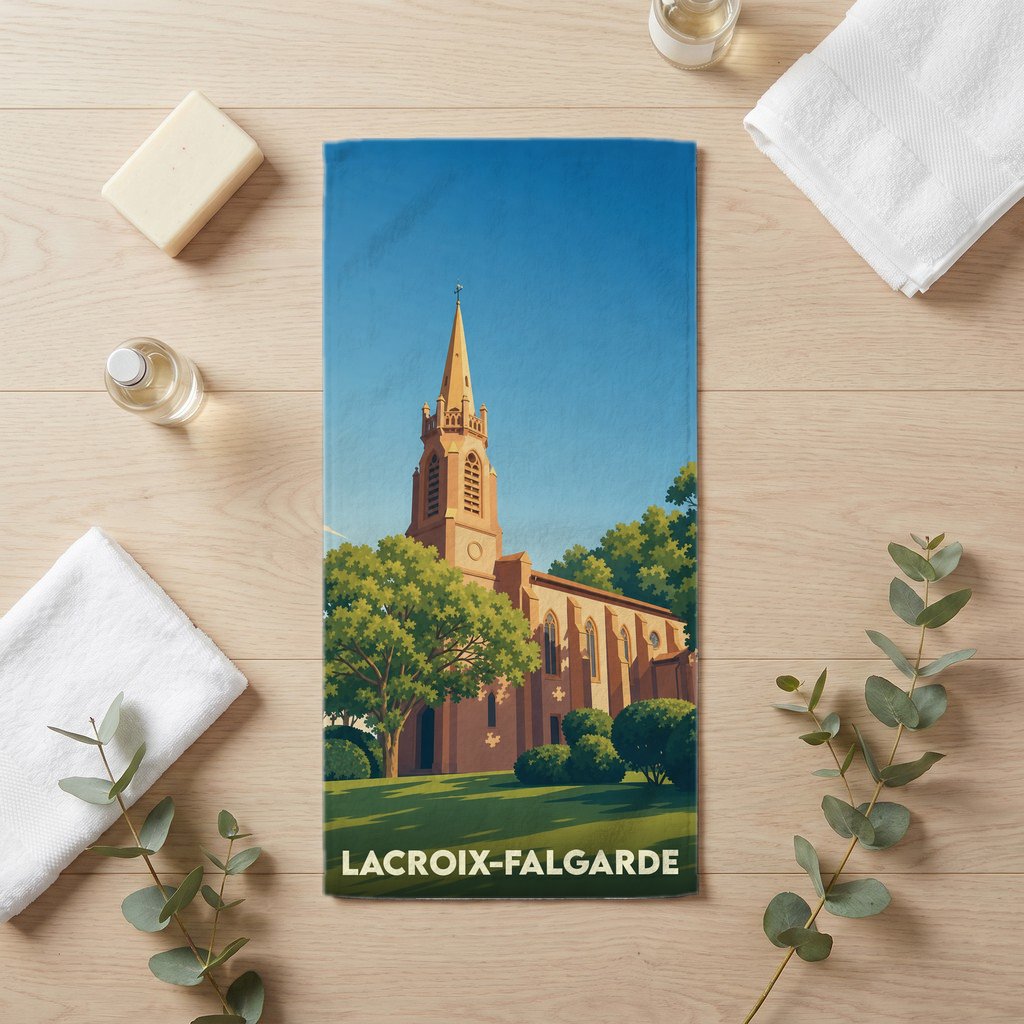 Serviette de bain souvenir de la ville de Lacroix-Falgarde avec une illustration stylisée d'une église.