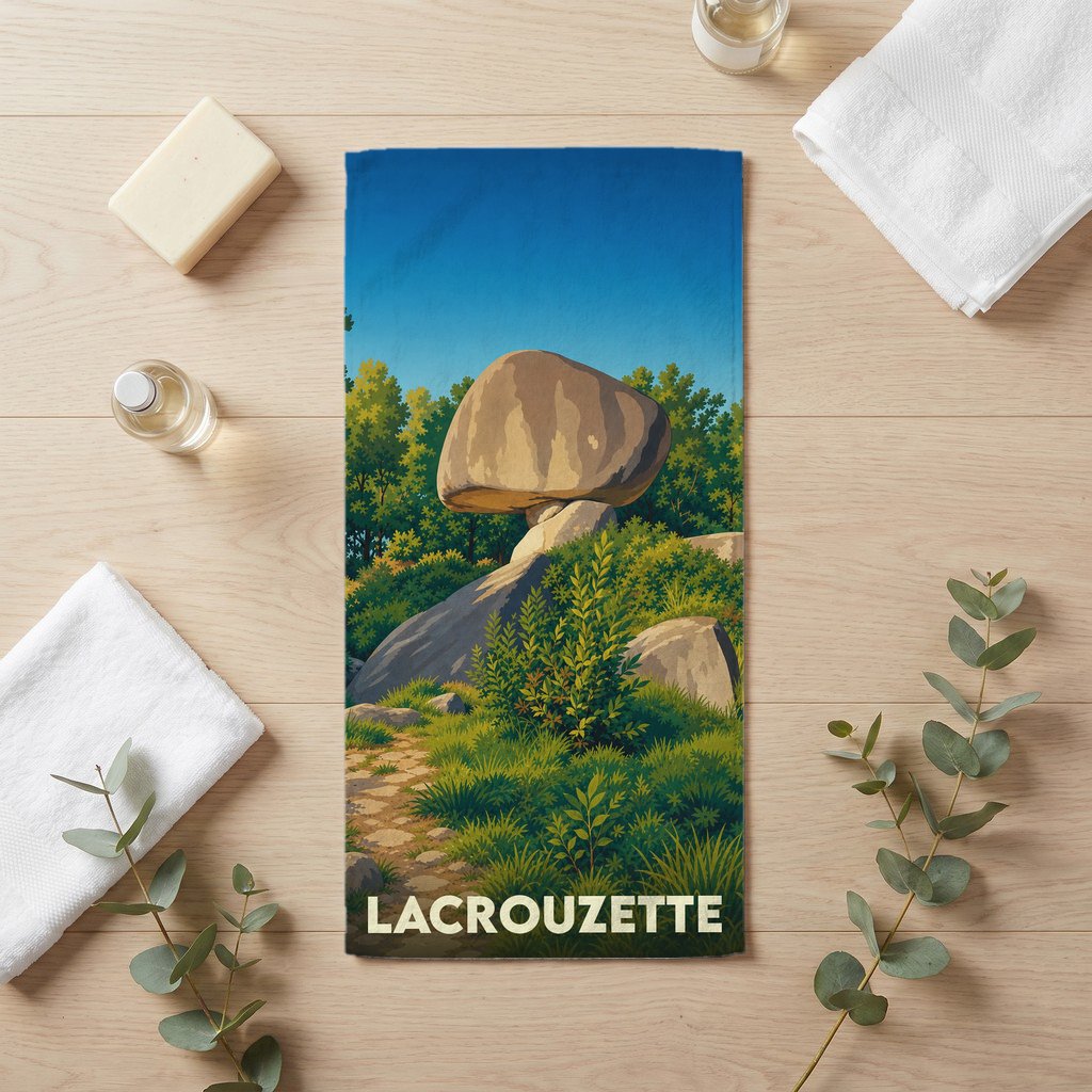 Serviette de bain souvenir de la ville de Lacrouzette avec une illustration stylisée d'un paysage rocheux.