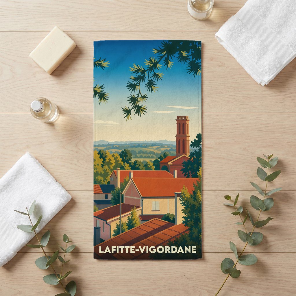 Serviette de bain souvenir de la ville de Lafitte-Vigordane avec une illustration stylisée de son paysage.