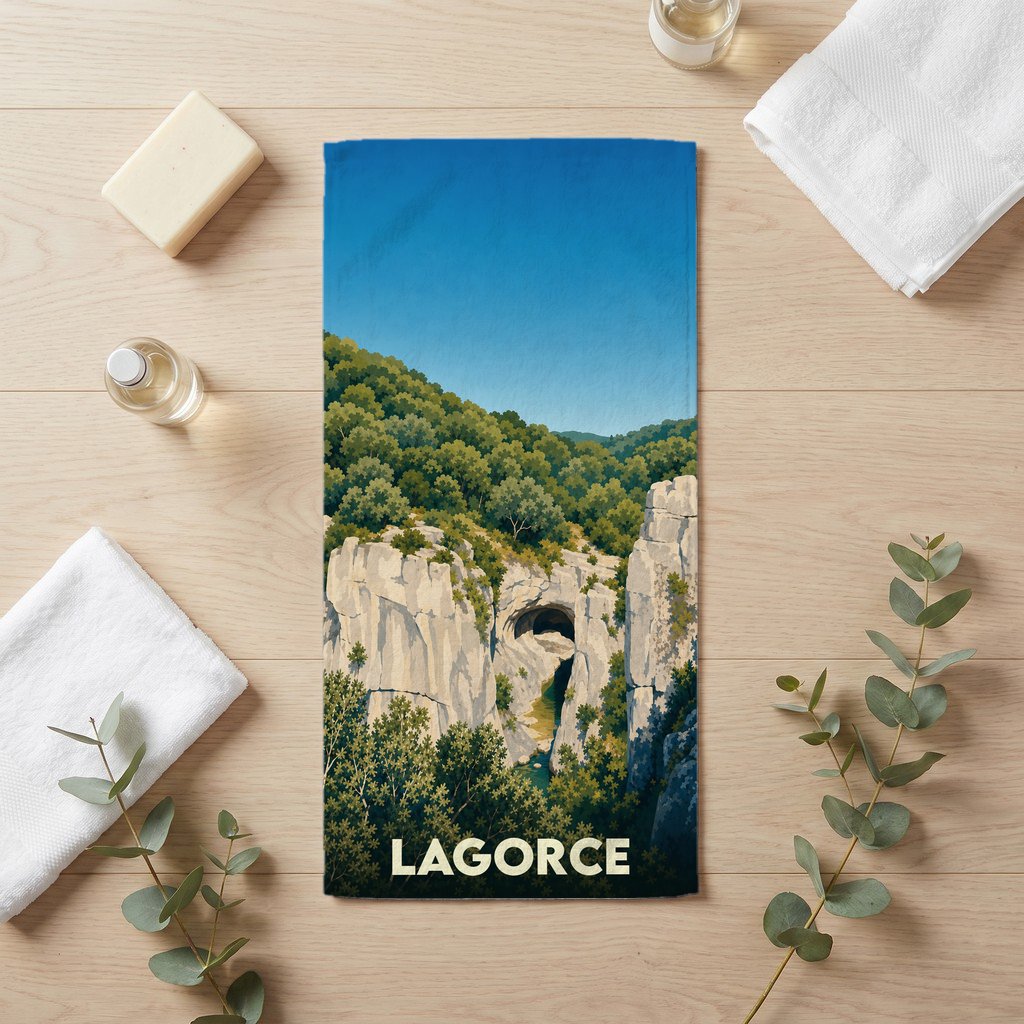 Serviette de bain souvenir de la ville de Lagorce avec une illustration stylisée de falaises et d'une arche naturelle.