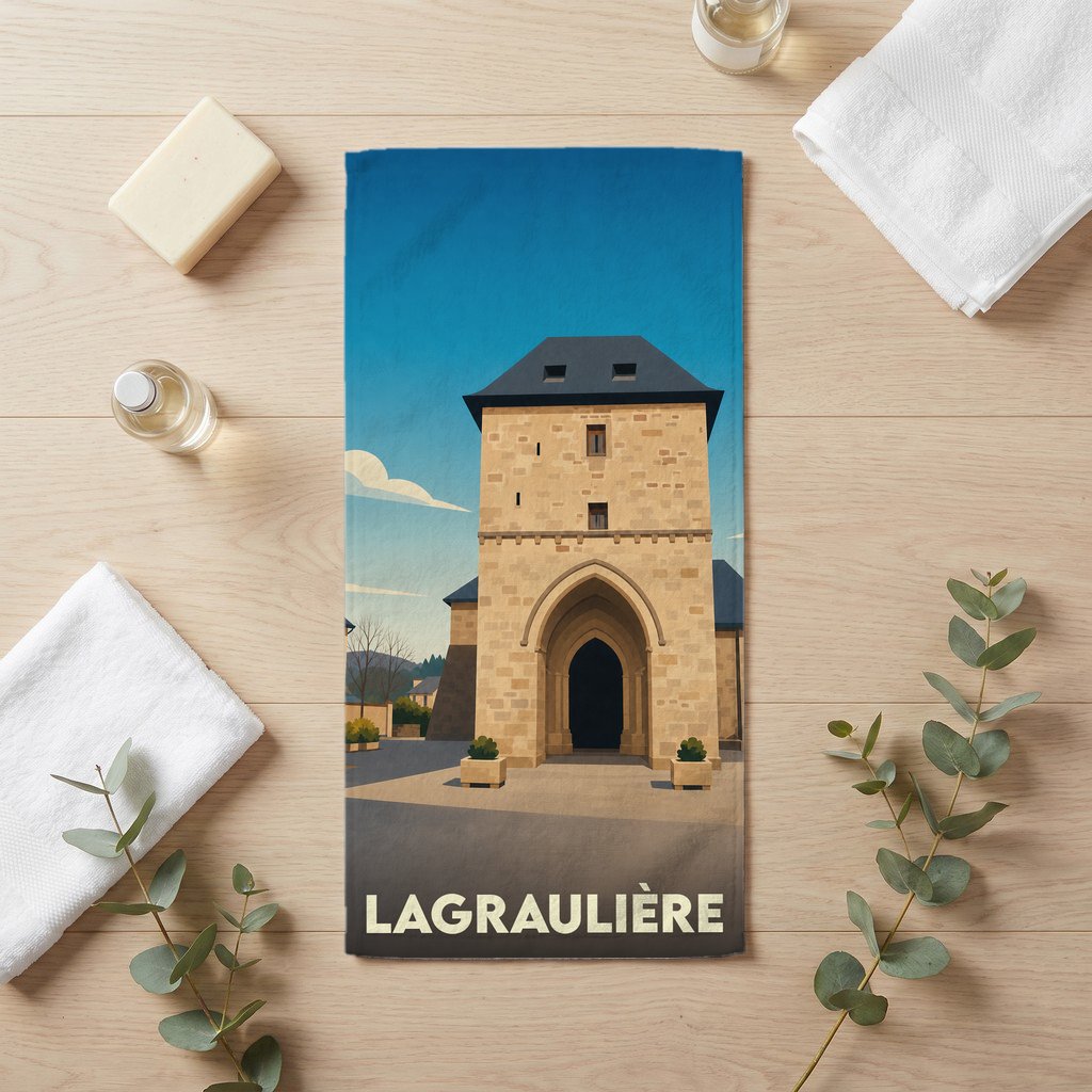 Serviette de bain souvenir de la ville de Lagraulière avec une illustration stylisée d'un clocher-porche médiéval.