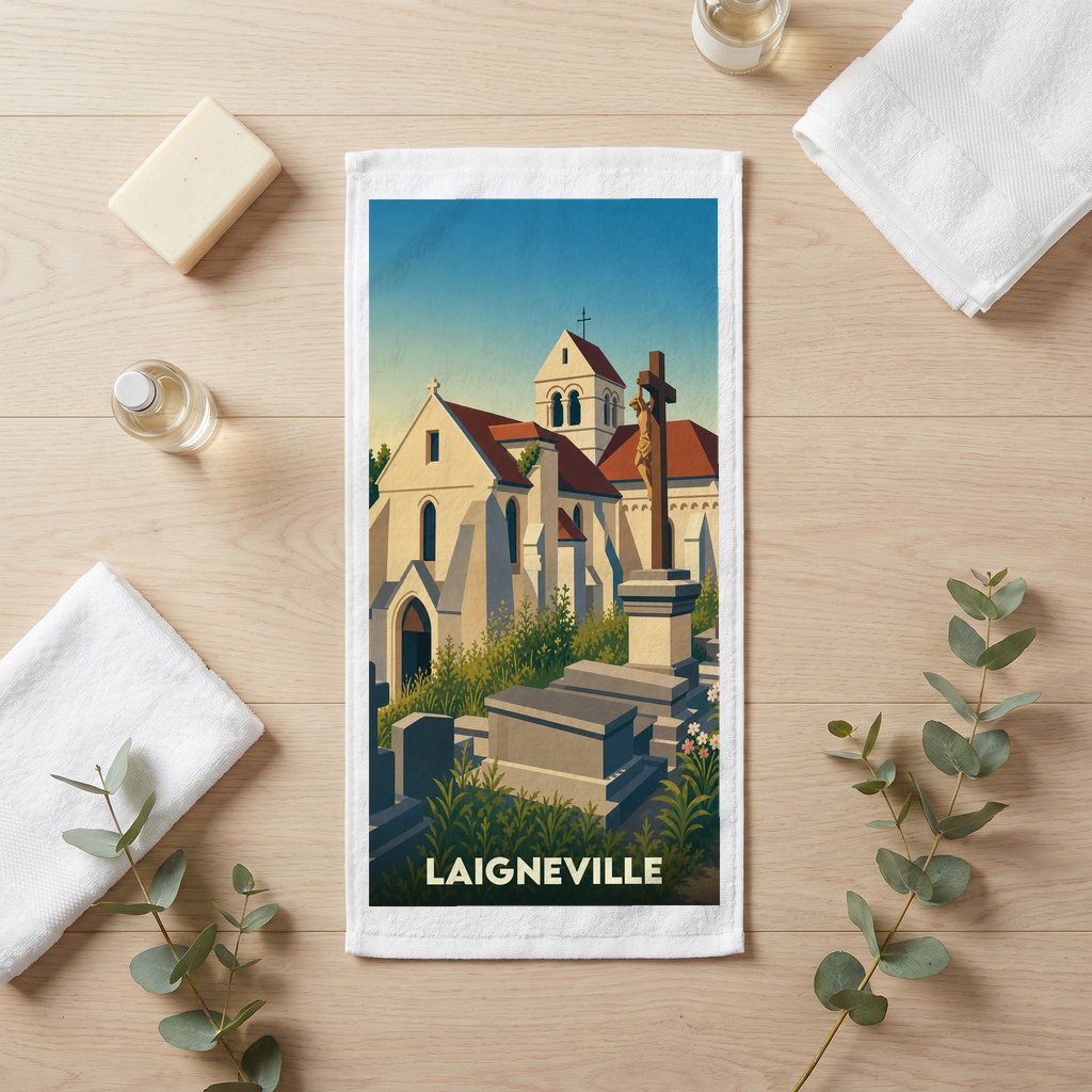 Serviette souvenir de la ville de Laigneville avec une illustration stylisée d'une église et d'un calvaire.