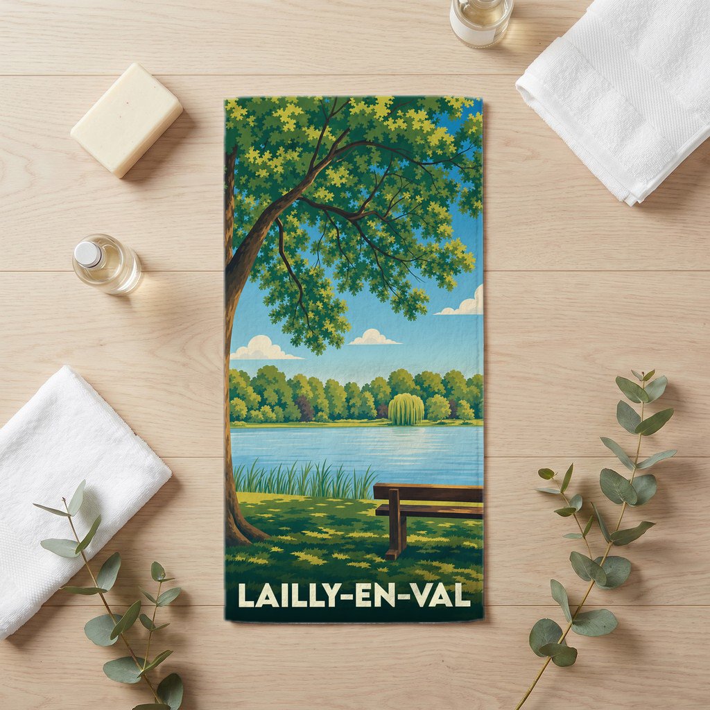 Serviette de bain souvenir de la ville de Lailly-en-Val avec une illustration stylisée d'un bord de lac.