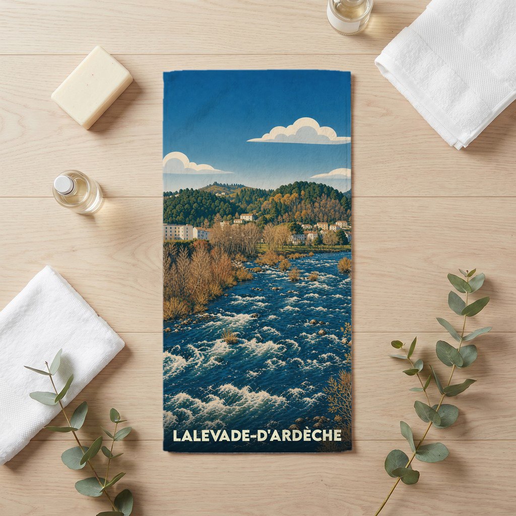 Serviette de bain souvenir de Lalevade-d'Ardèche illustrée d'un paysage de rivière et de montagnes.