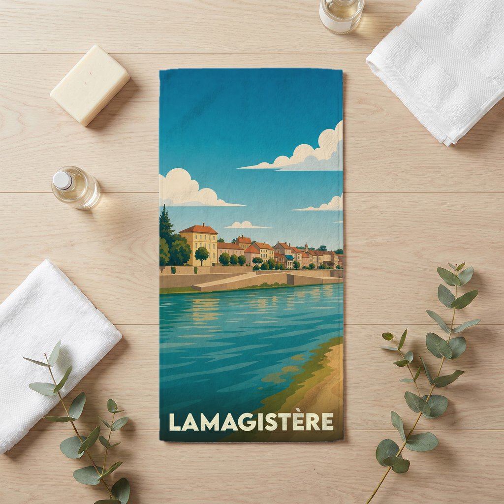 Serviette de bain souvenir de la ville de Lamagistère avec une illustration stylisée des bords de Garonne.