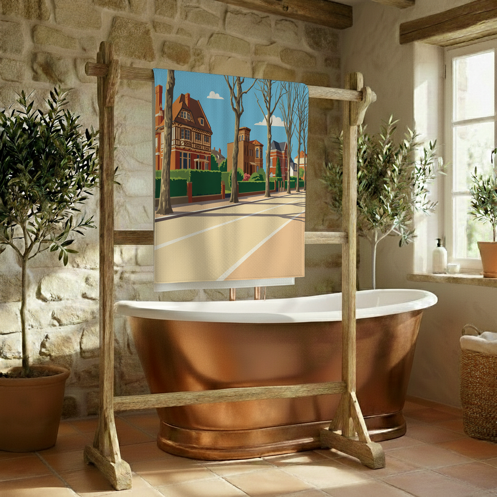 Serviette de bain souvenir de la ville de Lambersart avec une illustration stylisée.