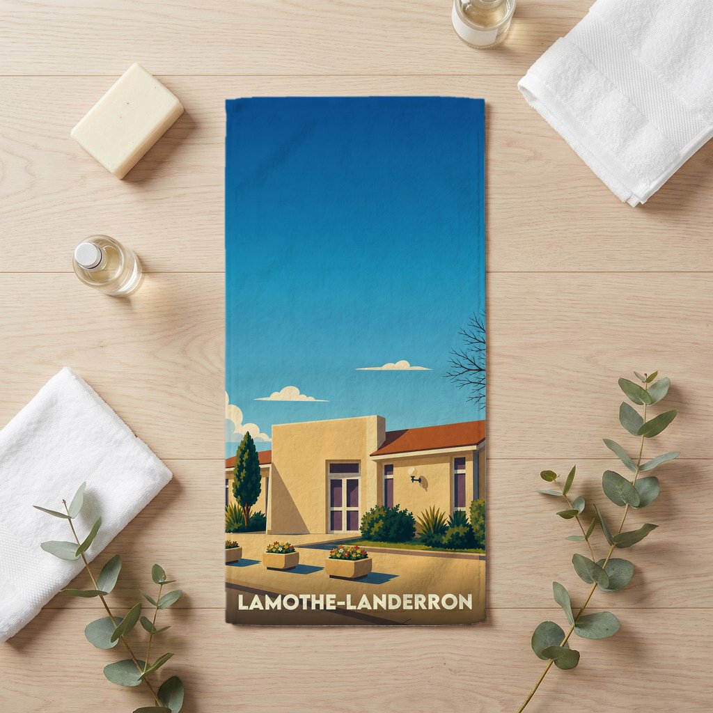 Serviette de bain souvenir de Lamothe-Landerron illustrée d'un bâtiment stylisé sous un ciel bleu.