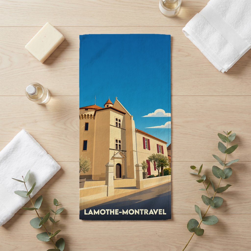 Serviette de bain souvenir de la ville de Lamothe-Montravel avec une illustration stylisée d'un bâtiment historique.