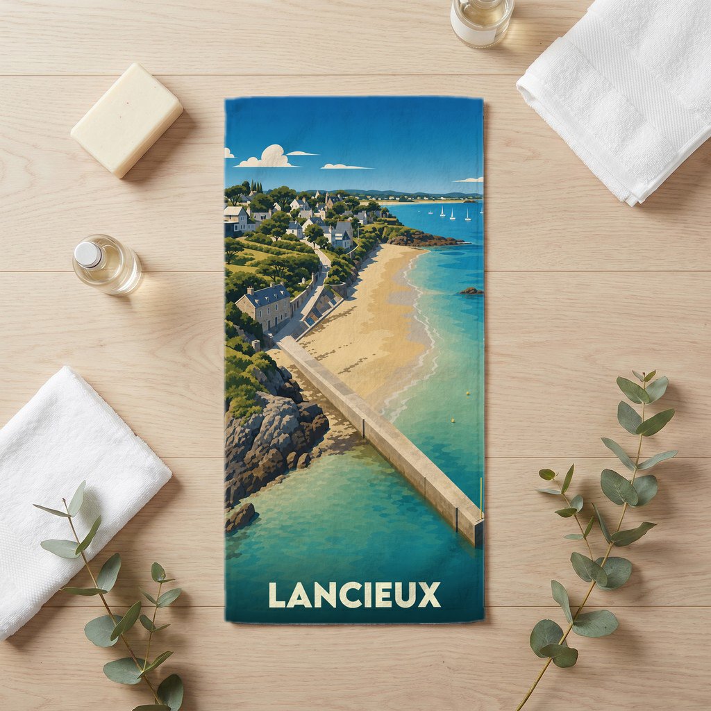 Serviette de bain souvenir de la ville de Lancieux avec une illustration stylisée d'un paysage côtier breton.