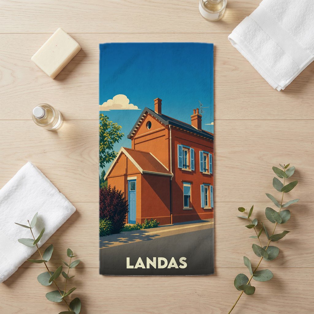 Serviette de bain souvenir de la ville de Landas avec une illustration stylisée d'une maison en briques.