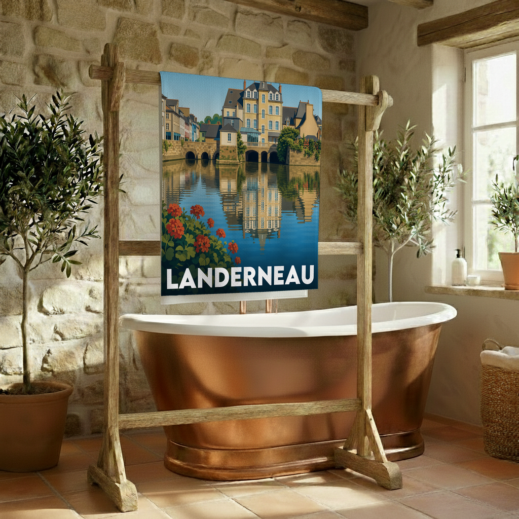 Serviette de bain souvenir de la ville de Landerneau avec une illustration stylisée de son pont habité.
