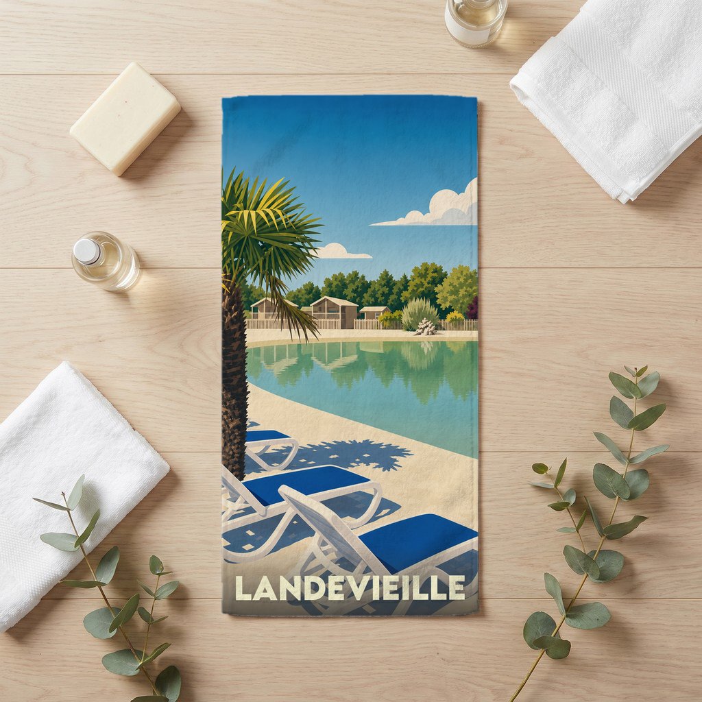 Serviette de bain souvenir de la ville de Landevieille avec une illustration stylisée d'un bord de piscine.