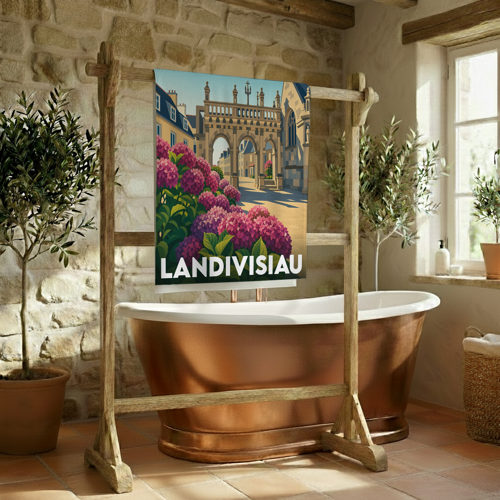 Serviette de bain souvenir de la ville de Landivisiau avec une illustration stylisée.