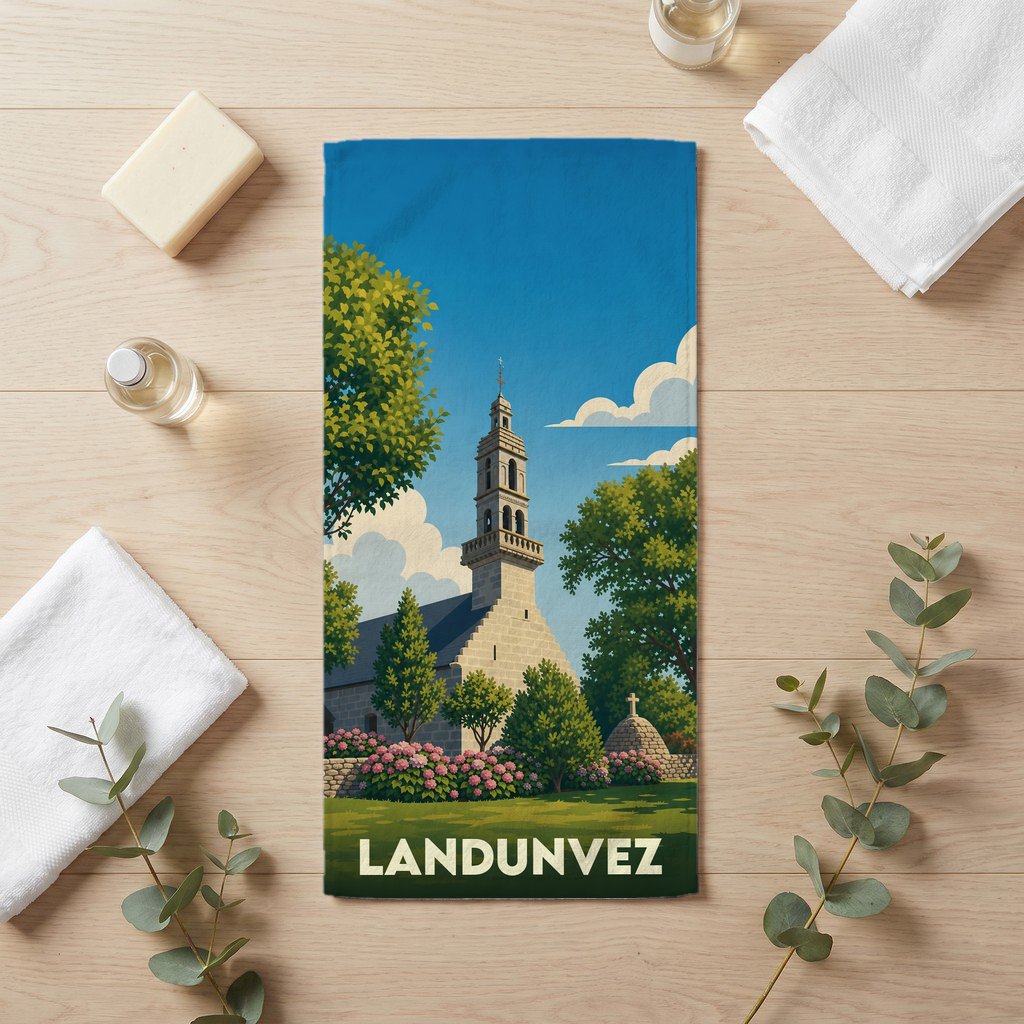 Serviette de bain souvenir de la ville de Landunvez avec une illustration stylisée de son église.