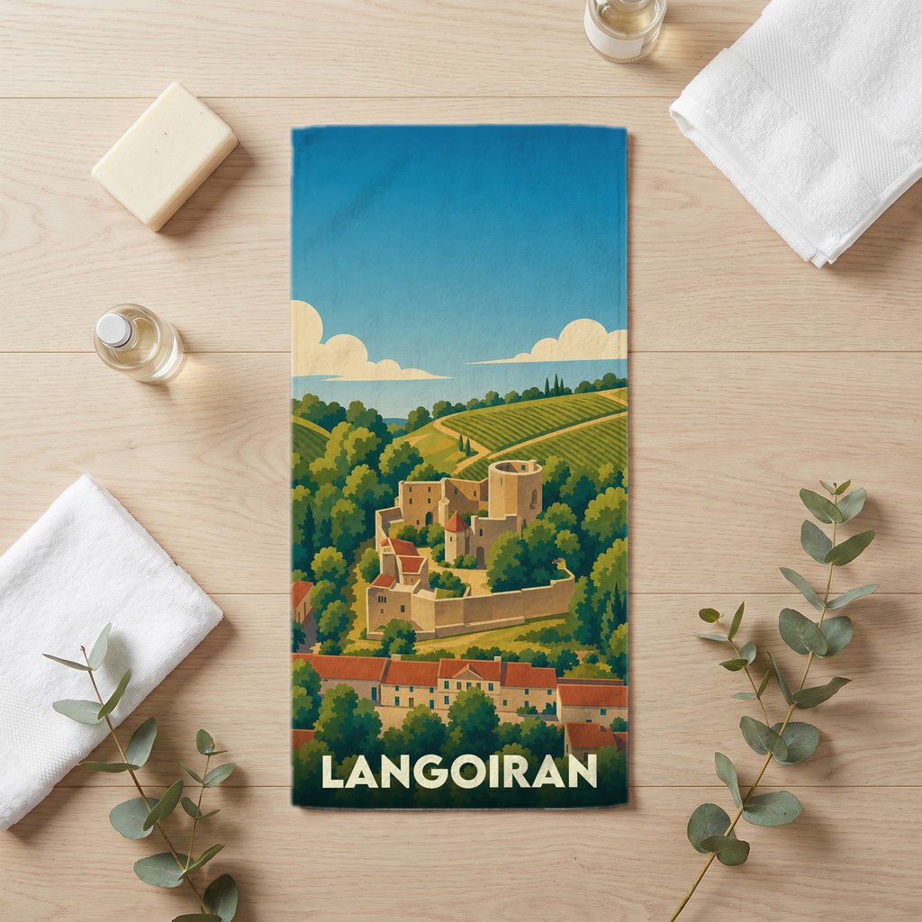 Serviette de bain souvenir de la ville de Langoiran avec une illustration stylisée d'un château et de vignobles.