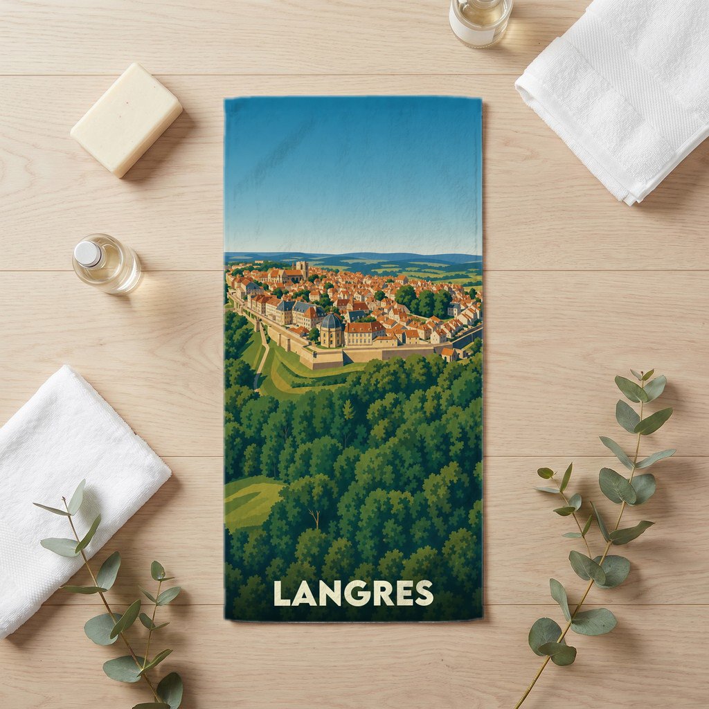 Serviette de bain souvenir de la ville de Langres avec une illustration stylisée des remparts et de la cité médiévale.