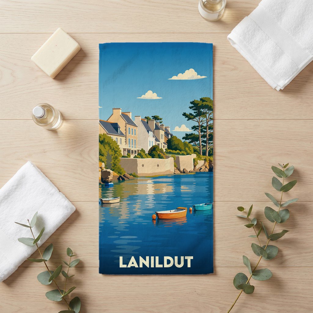 Serviette de bain souvenir de la ville de Lanildut avec une illustration stylisée de son port.