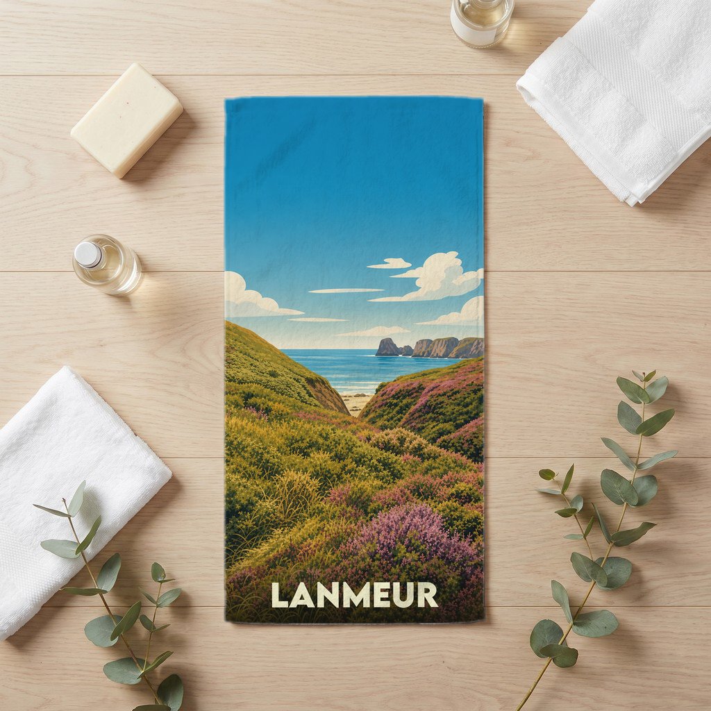 Serviette de bain souvenir de la ville de Lanmeur avec une illustration de paysage côtier.