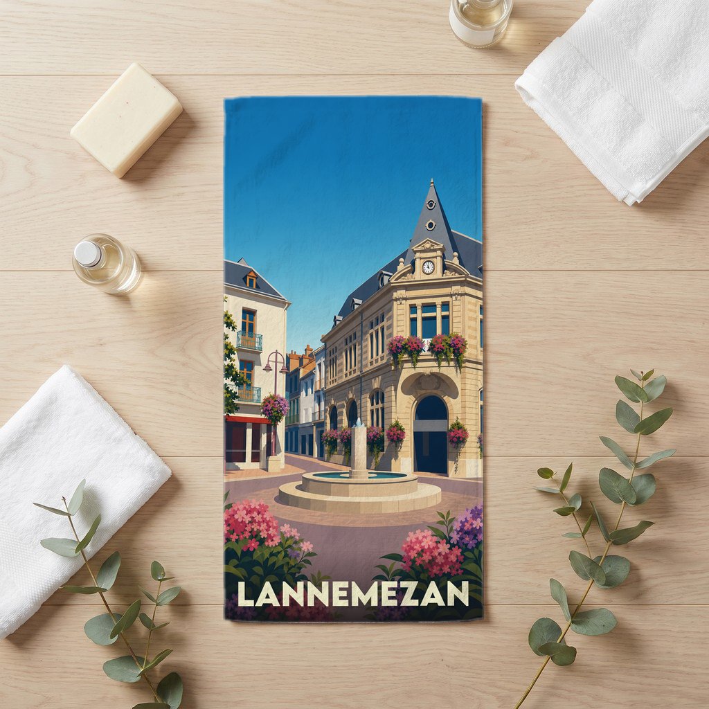 Serviette de bain souvenir de la ville de Lannemezan avec une illustration stylisée.