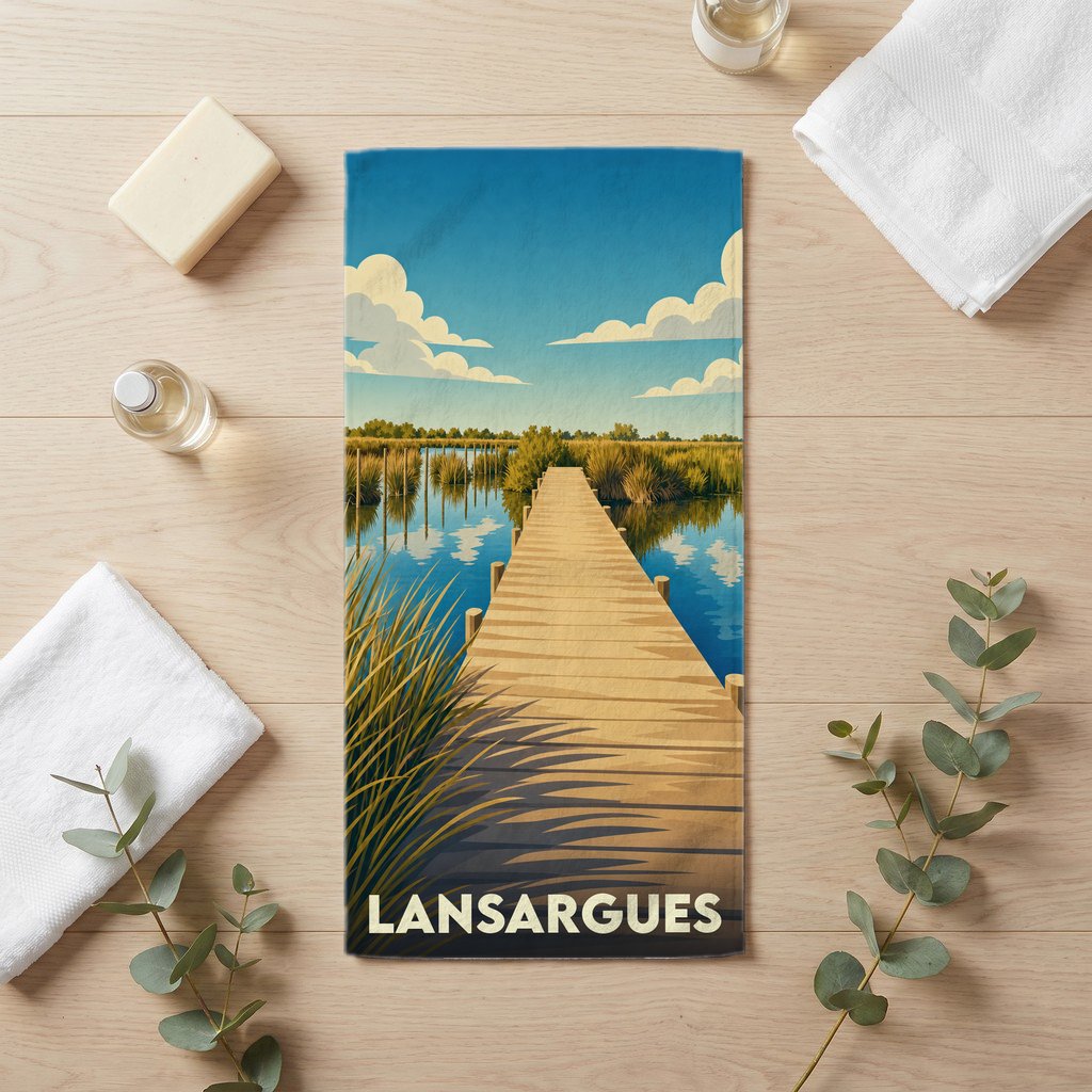 Serviette de bain souvenir de la ville de Lansargues avec une illustration stylisée d'un ponton sur l'eau.