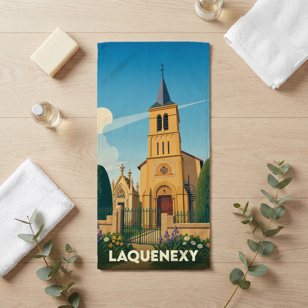 Serviette de bain souvenir de la ville de Laquenexy avec une illustration stylisée de son église.