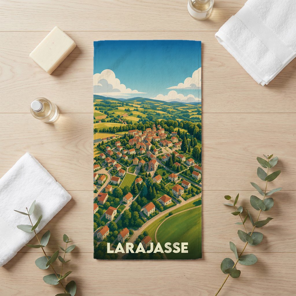 Serviette de bain souvenir de la ville de Larajasse avec une illustration panoramique stylisée.
