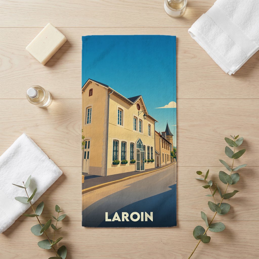 Serviette de bain souvenir de la ville de Laroin avec une illustration stylisée d'un bâtiment traditionnel.