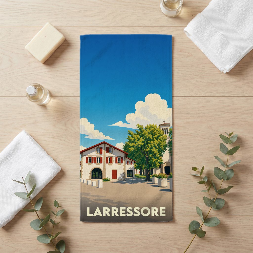 Serviette de bain souvenir de Larressore illustrée par une scène de village pittoresque.