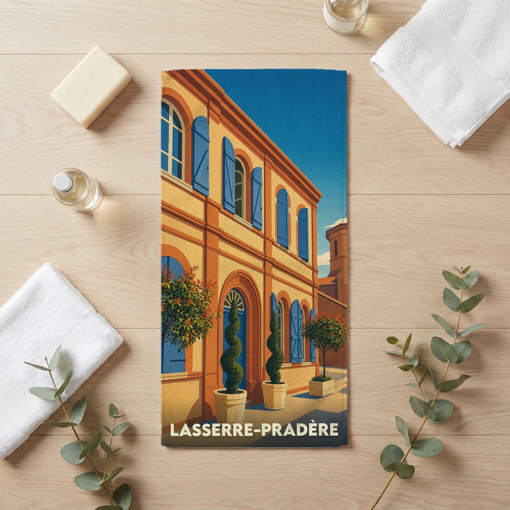 Serviette de bain souvenir de la ville de Lasserre-Pradère avec une illustration colorée et stylisée d'un bâtiment.