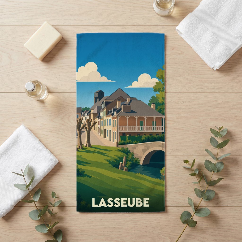 Serviette de bain souvenir de la ville de Lasseube avec une illustration stylisée.