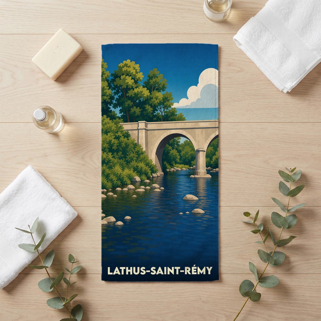 Serviette de bain souvenir de la ville de Lathus-Saint-Rémy avec une illustration stylisée d'un pont en pierre.