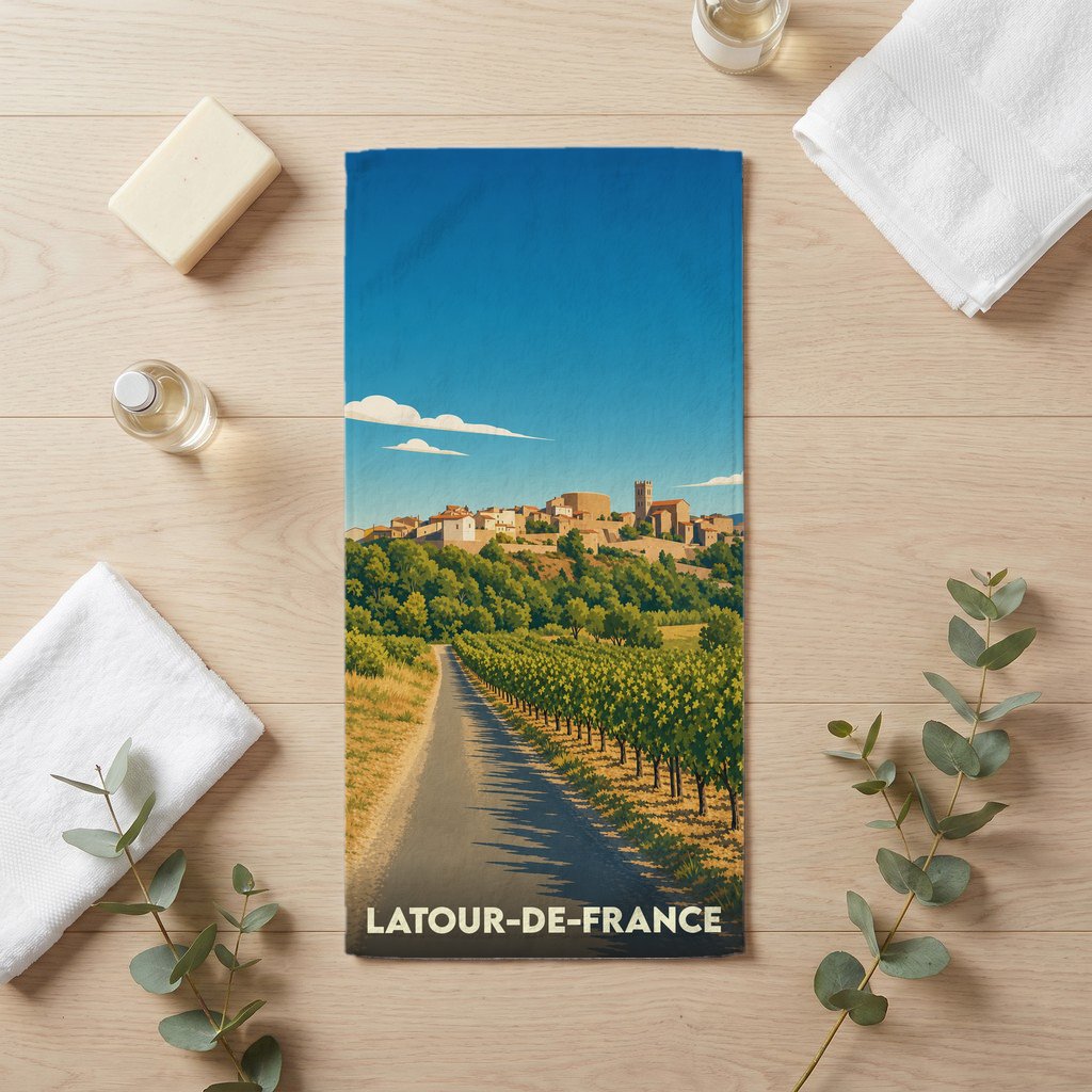 Serviette de bain souvenir de la ville de Latour-de-France avec une illustration stylisée d'un paysage de vignobles.