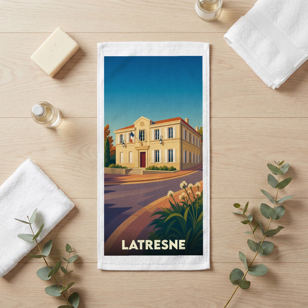 Serviette de bain souvenir de la ville de Latresne avec une illustration stylisée de sa mairie.