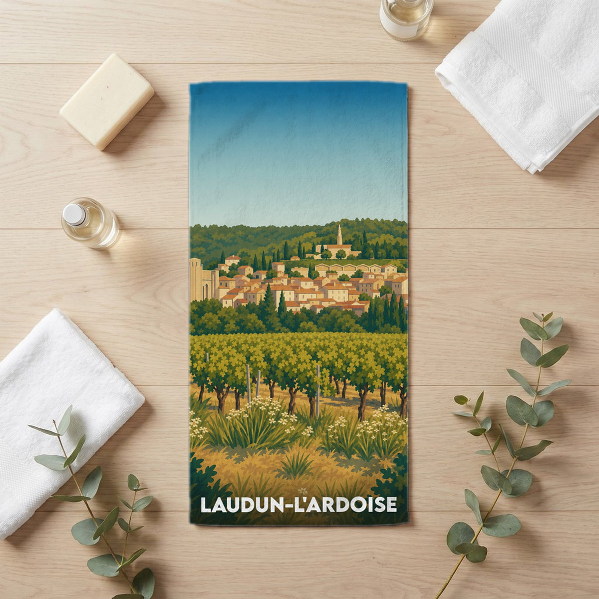 Serviette de bain 30 cm x 60 cm souvenir de Laudun-l'Ardoise
