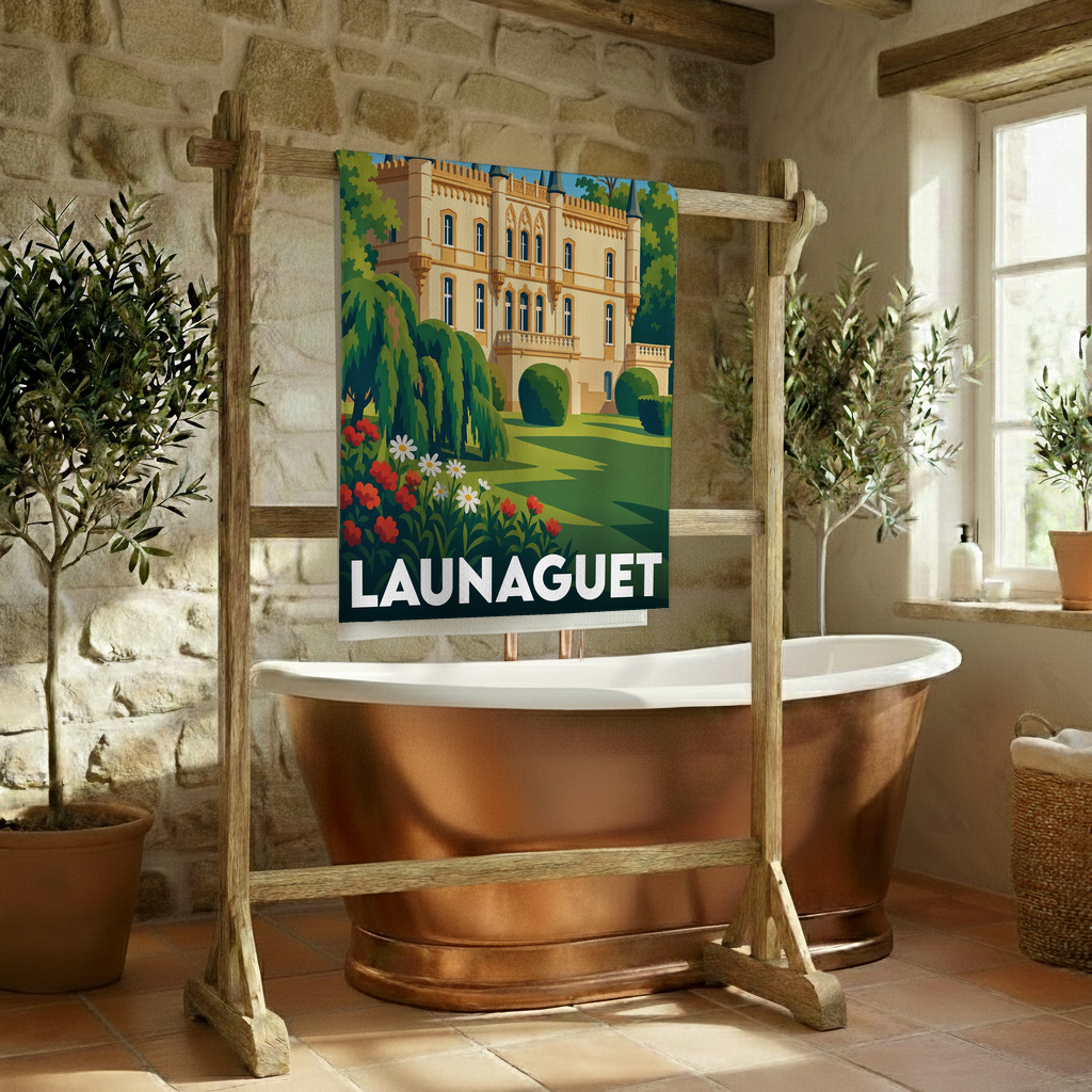Serviette de bain souvenir de la ville de Launaguet avec une illustration stylisée de son château.