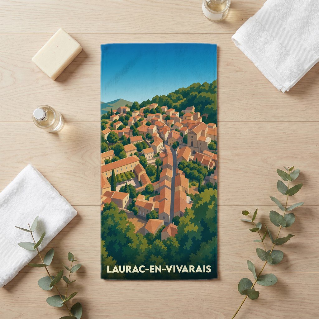 Serviette de bain souvenir de la ville de Laurac-en-Vivarais avec une illustration stylisée.