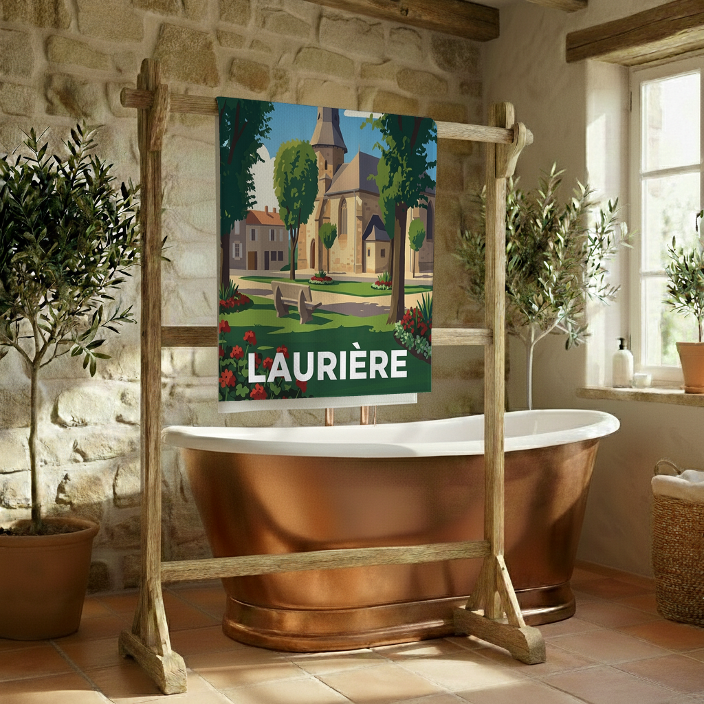 Serviette de bain souvenir de la ville de Laurière avec une illustration stylisée.