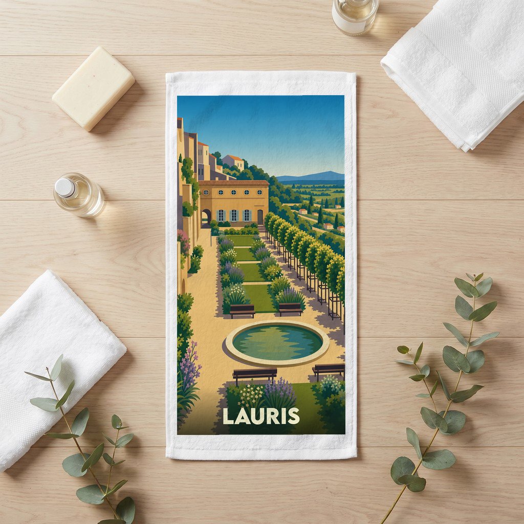 Serviette de bain souvenir de la ville de Lauris ornée d'une illustration stylisée de ses jardins en terrasses.