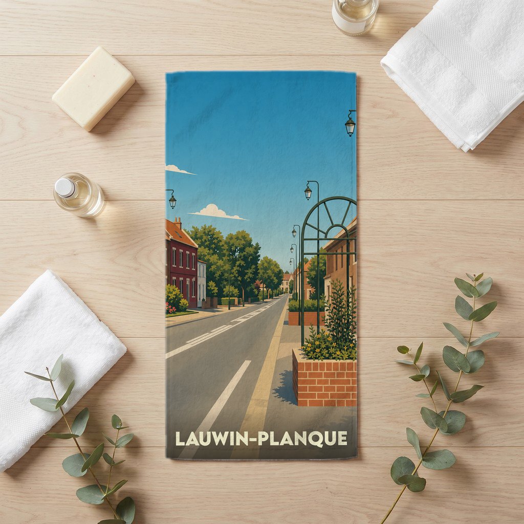 Serviette de bain souvenir de la ville de Lauwin-Planque avec une illustration stylisée de ses rues.