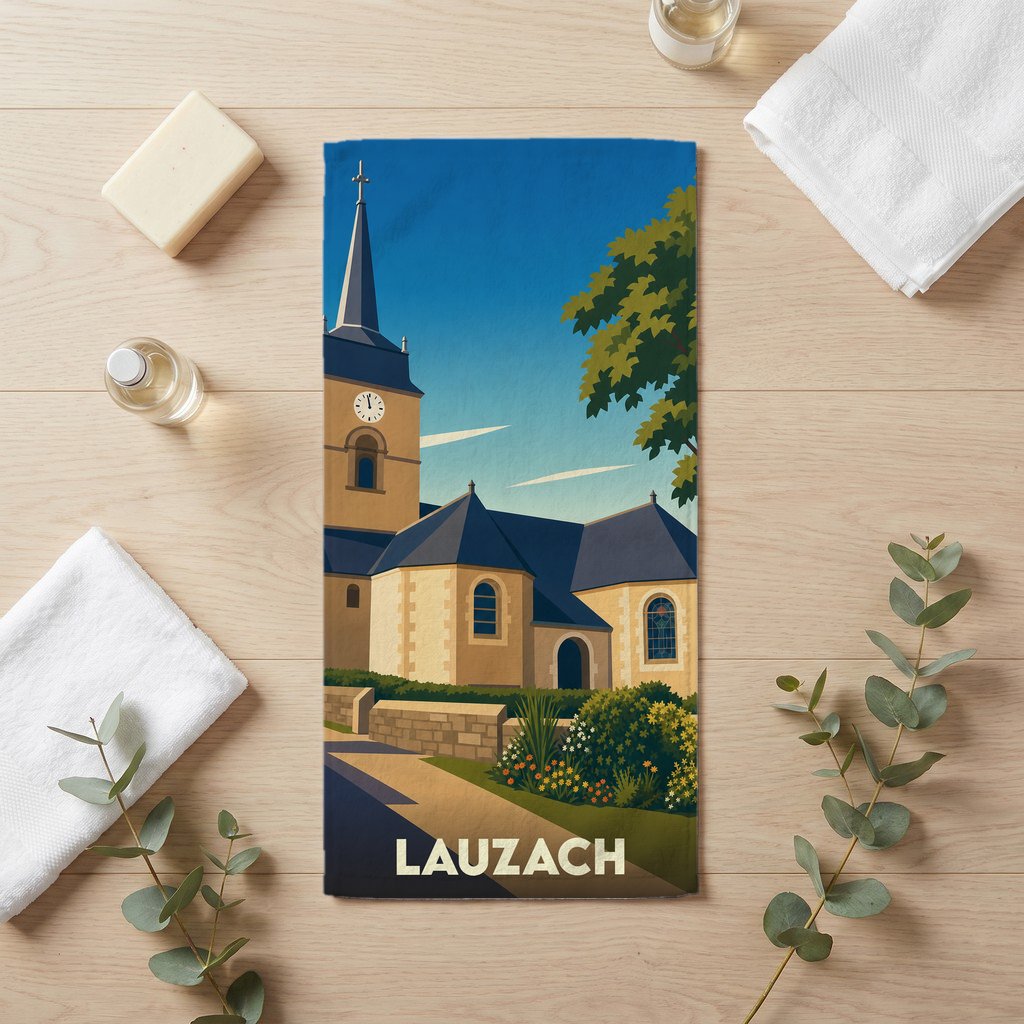 Serviette de bain souvenir de la ville de Lauzach illustrée d'un dessin stylisé de son église.