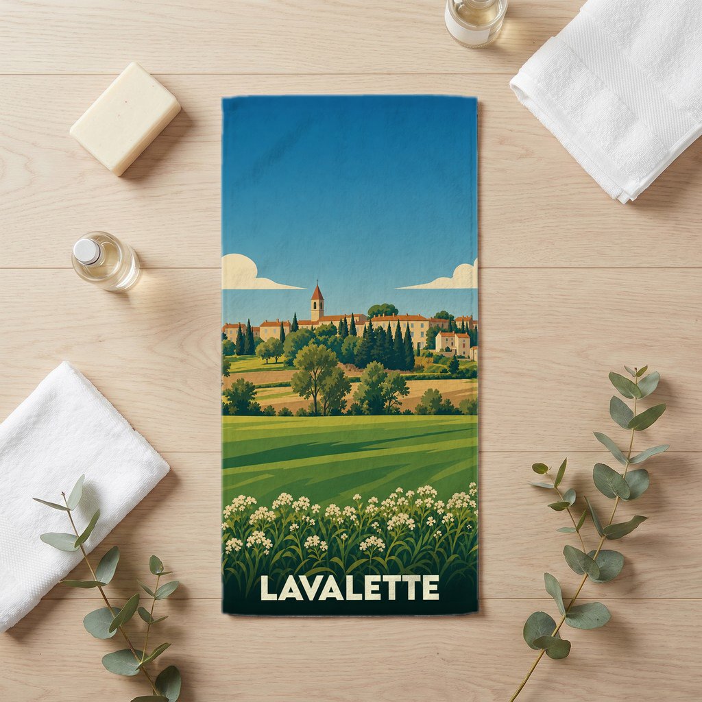 Serviette de bain souvenir de la ville de Lavalette avec une illustration de paysage champêtre stylisé.
