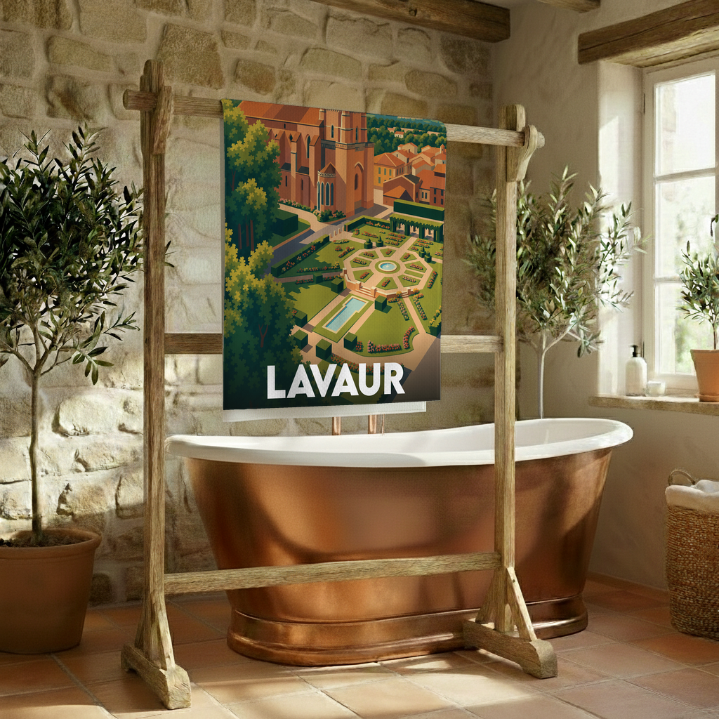 Serviette de bain souvenir de la ville de Lavaur avec une illustration stylisée d'un jardin et de la cathédrale.