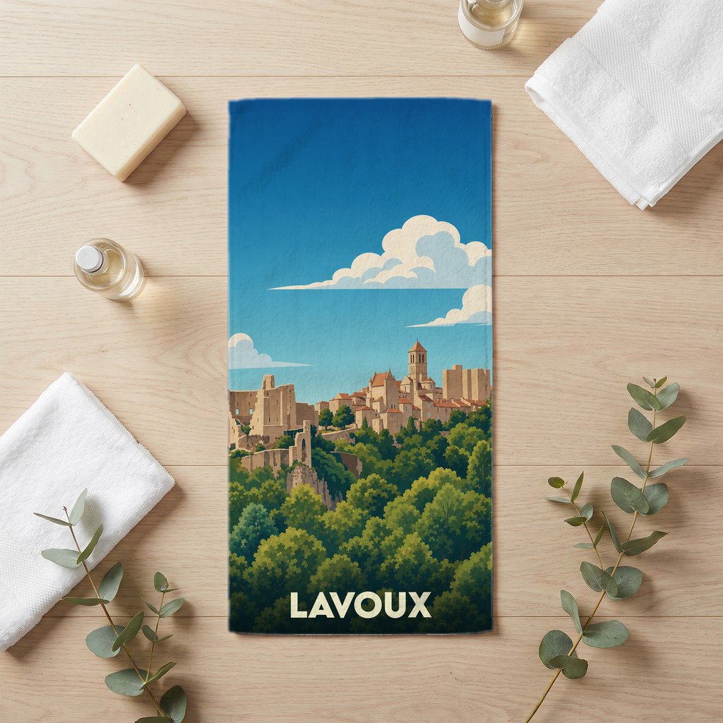 Serviette de bain souvenir de la ville de Lavoux avec une illustration stylisée.