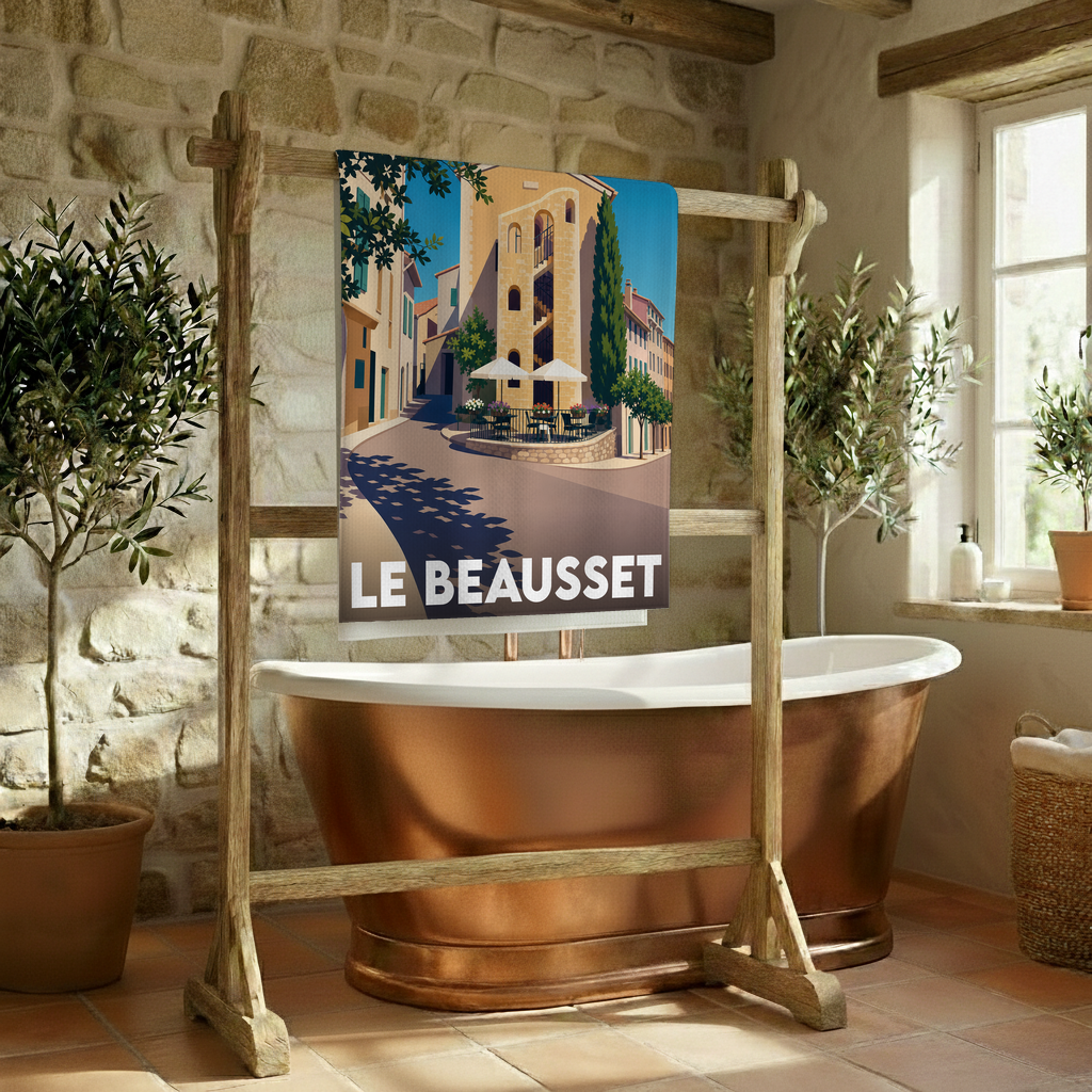 Serviette de bain souvenir de la ville du Beausset avec une illustration stylisée d'une ruelle ensoleillée.