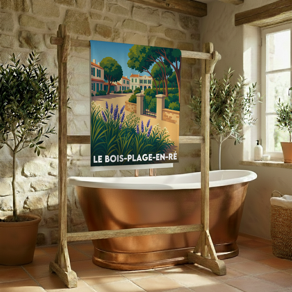 Serviette de bain souvenir de la ville de Le Bois-Plage-en-Ré avec une illustration stylisée.