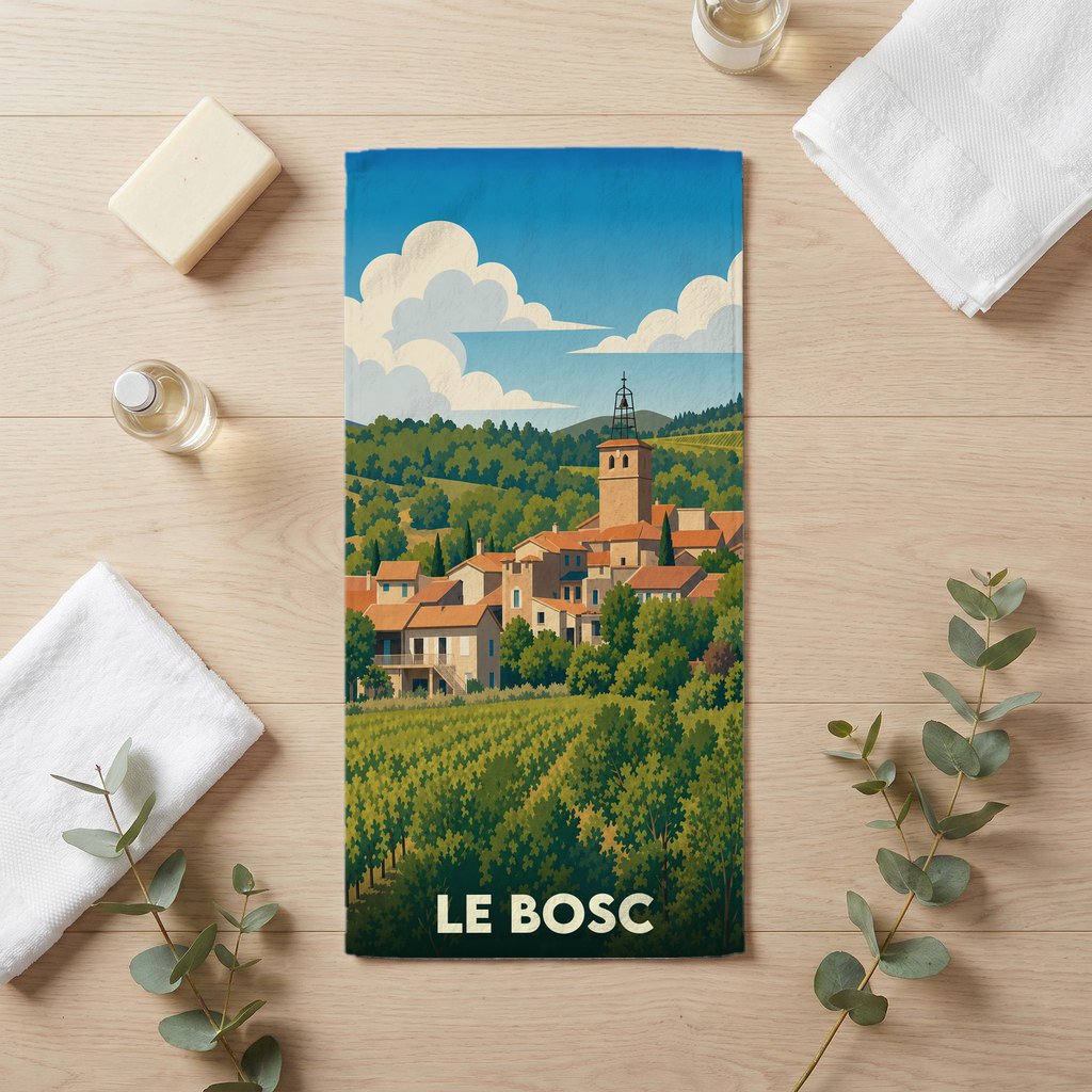 Serviette de bain souvenir de la ville de Le Bosc avec une illustration stylisée de paysages et de vignobles.