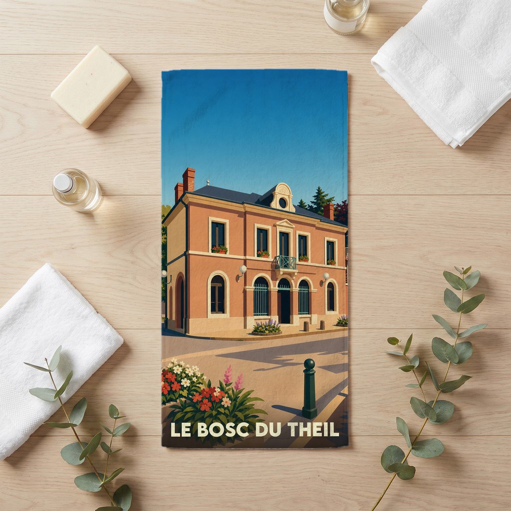 Serviette de bain souvenir de la ville de Le Bosc du Theil avec une illustration stylisée.