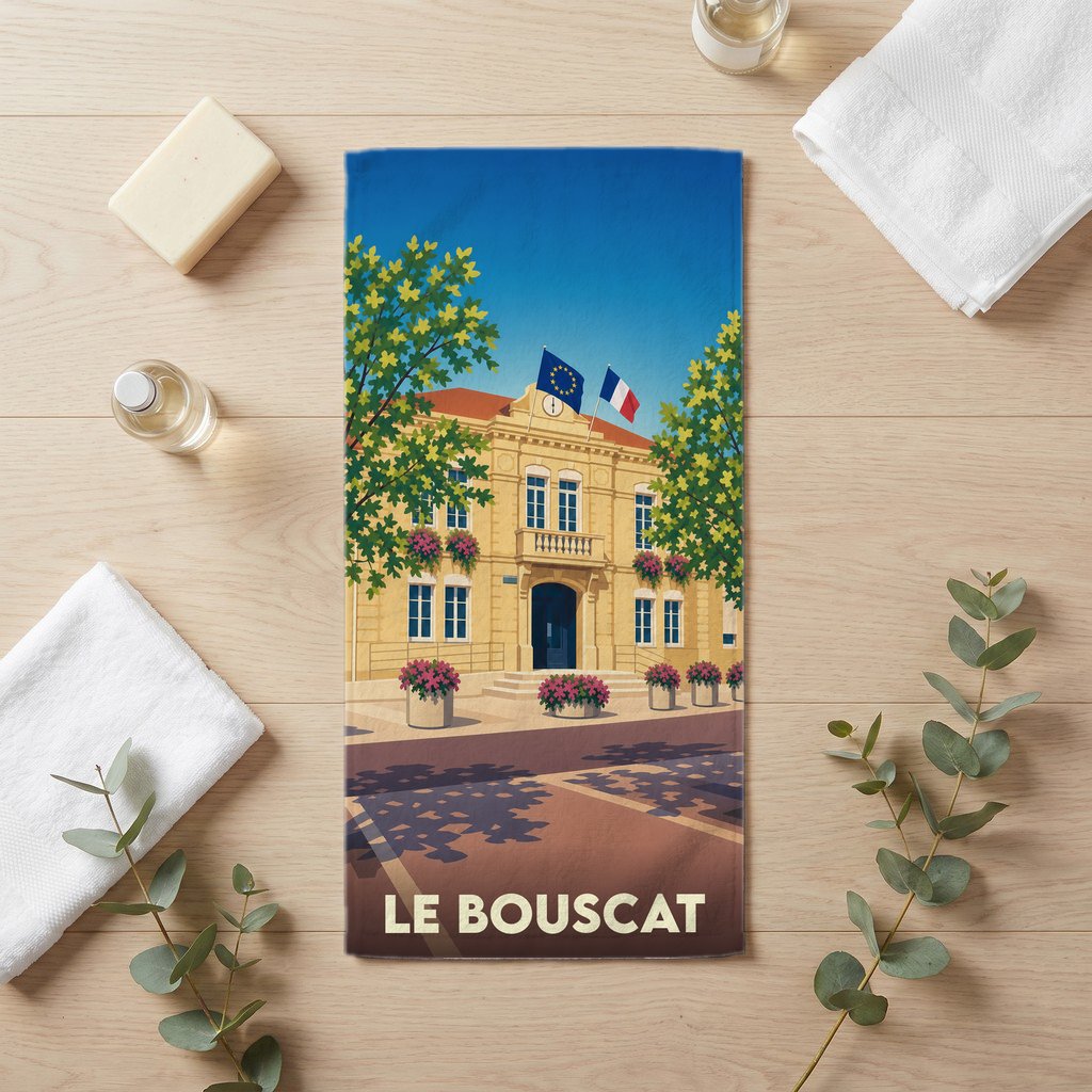 Serviette de bain souvenir de la ville du Bouscat avec une illustration stylisée de la mairie.
