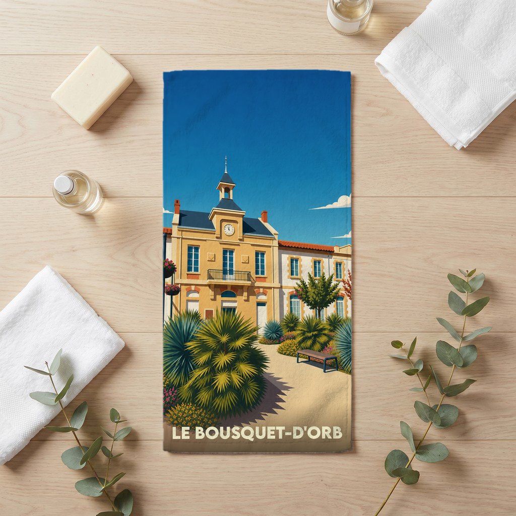 Serviette de bain souvenir de la ville de Le Bousquet-d'Orb avec une illustration stylisée de sa mairie.