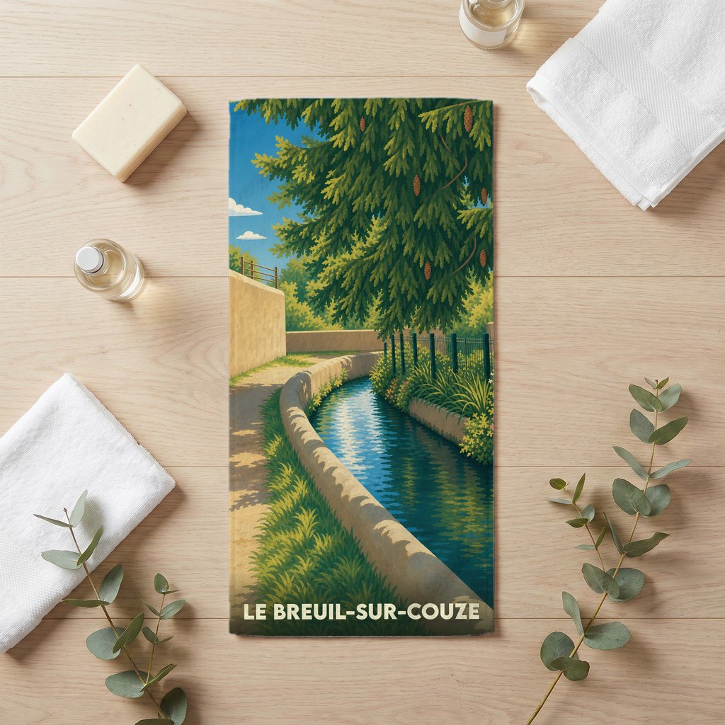 Serviette de bain souvenir de la ville de Le Breuil-sur-Couze avec une illustration stylisée d'un canal arboré.